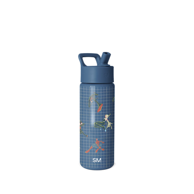 Navy blue Simple Modern water bottle with wide mouth design, white grid pattern, and colorful illustrated children in active poses. Screw-top cap with carrying handle and SM logo. Navy blue Simple Modern water bottle with wide mouth design, white grid pattern, and colorful illustrated children in active poses. Screw-top cap with carrying handle and SM logo.