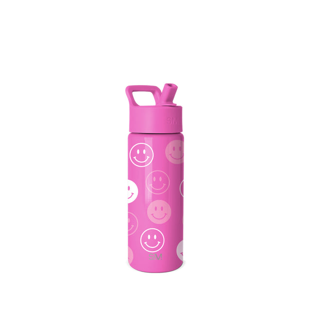 Hot pink Simple Modern water bottle with flip-straw lid and handle, featuring repeating smiley face emoji graphics in white and light pink on a white background. Hot pink Simple Modern water bottle with flip-straw lid and handle, featuring repeating smiley face emoji graphics in white and light pink on a white background.