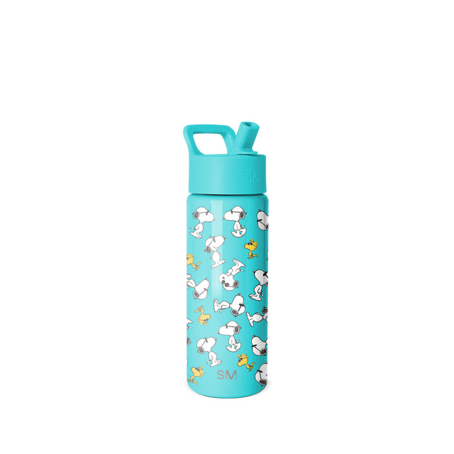 Turquoise Simple Modern 18-ounce insulated water bottle with screw-top lid and carrying handle, decorated with repeating Snoopy and Woodstock Peanuts characters in white and yellow on white background. Turquoise Simple Modern 18-ounce insulated water bottle with screw-top lid and carrying handle, decorated with repeating Snoopy and Woodstock Peanuts characters in white and yellow on white background.