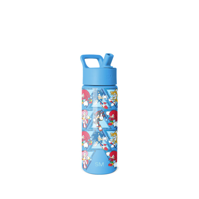 Simple Modern water bottle with bright blue cap and body, featuring a repeating pattern of colorful Sonic the Hedgehog characters including Sonic, Tails, Knuckles, and Amy on a light blue band in the center against a white Simple Modern water bottle with bright blue cap and body, featuring a repeating pattern of colorful Sonic the Hedgehog characters including Sonic, Tails, Knuckles, and Amy on a light blue band in the center against a white