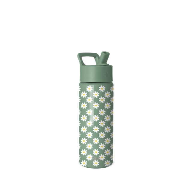 Sage green water bottle with white daisy floral pattern on lower section, flip-top cap, and carry handle. Simple Modern branded design on neutral background. Sage green water bottle with white daisy floral pattern on lower section, flip-top cap, and carry handle. Simple Modern branded design on neutral background.