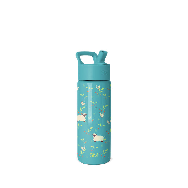 Teal Simple Modern water bottle with farm animal and botanical print design, featuring illustrated sheep, chickens, leaves, and berries. Includes teal cap with carry handle. Teal Simple Modern water bottle with farm animal and botanical print design, featuring illustrated sheep, chickens, leaves, and berries. Includes teal cap with carry handle.