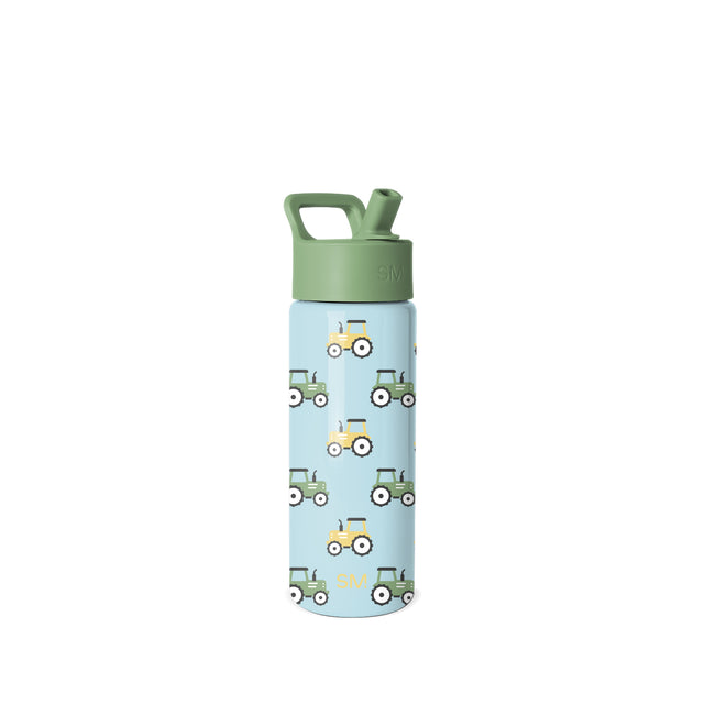 Simple Modern children's water bottle with pale blue cylindrical body, sage green flip-top lid and carry handle, featuring repeating yellow and green tractor illustrations with white-wall tires on the bottle body. Simple Modern children's water bottle with pale blue cylindrical body, sage green flip-top lid and carry handle, featuring repeating yellow and green tractor illustrations with white-wall tires on the bottle body.