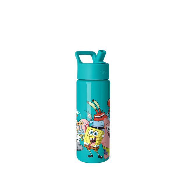 Turquoise Simple Modern insulated water bottle with flip-top lid featuring SpongeBob SquarePants characters including SpongeBob, Patrick, Mr. Krabs, and Squidward in bright colors. Turquoise Simple Modern insulated water bottle with flip-top lid featuring SpongeBob SquarePants characters including SpongeBob, Patrick, Mr. Krabs, and Squidward in bright colors.