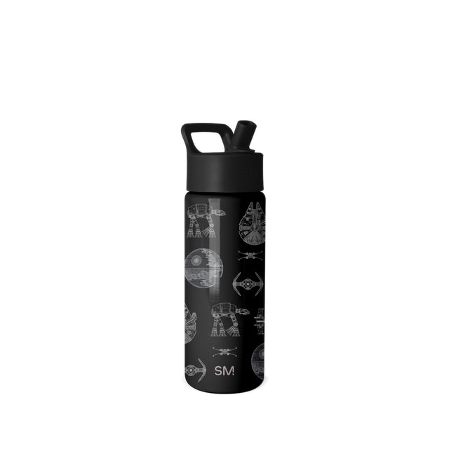 Black Simple Modern insulated water bottle with Star Wars spacecraft pattern in gray line art, featuring flip-straw lid and carrying handle, on white background. Black Simple Modern insulated water bottle with Star Wars spacecraft pattern in gray line art, featuring flip-straw lid and carrying handle, on white background.