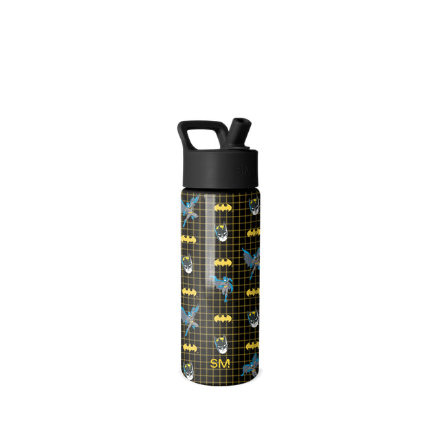 Simple Modern water bottle with black cap and handle, featuring Batman-themed design with yellow and gray graphics on black background with grid pattern, white background, front view. Simple Modern water bottle with black cap and handle, featuring Batman-themed design with yellow and gray graphics on black background with grid pattern, white background, front view.