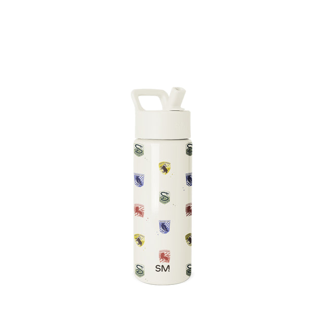 Cream-colored Simple Modern water bottle with white flip-top cap and carrying loop, featuring multicolored badge logos in green, navy, yellow, and burgundy scattered across the surface, photographed against white background. Cream-colored Simple Modern water bottle with white flip-top cap and carrying loop, featuring multicolored badge logos in green, navy, yellow, and burgundy scattered across the surface, photographed against white background.