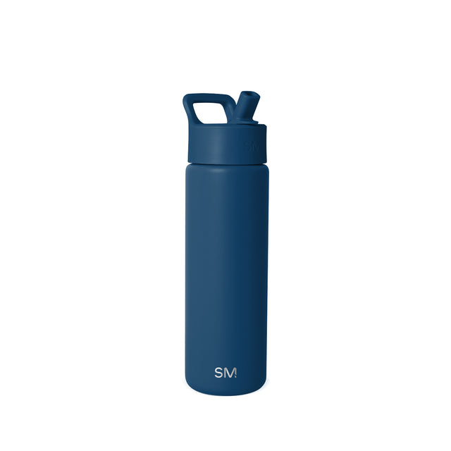 Deep navy blue insulated water bottle with flip-top cap and square handle, centered on white background. Simple Modern SM logo visible on front. Deep navy blue insulated water bottle with flip-top cap and square handle, centered on white background. Simple Modern SM logo visible on front.