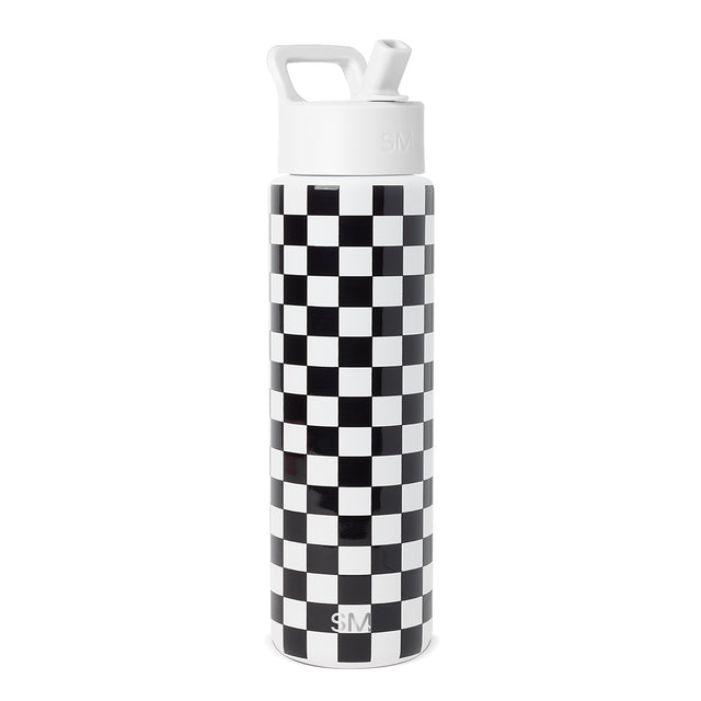 Simple Modern 30-ounce water bottle with white cap and carry handle, featuring black and white checkerboard pattern on cylindrical body. SM logo visible on lid and lower body. Studio product shot on white background. Simple Modern 30-ounce water bottle with white cap and carry handle, featuring black and white checkerboard pattern on cylindrical body. SM logo visible on lid and lower body. Studio product shot on white background.