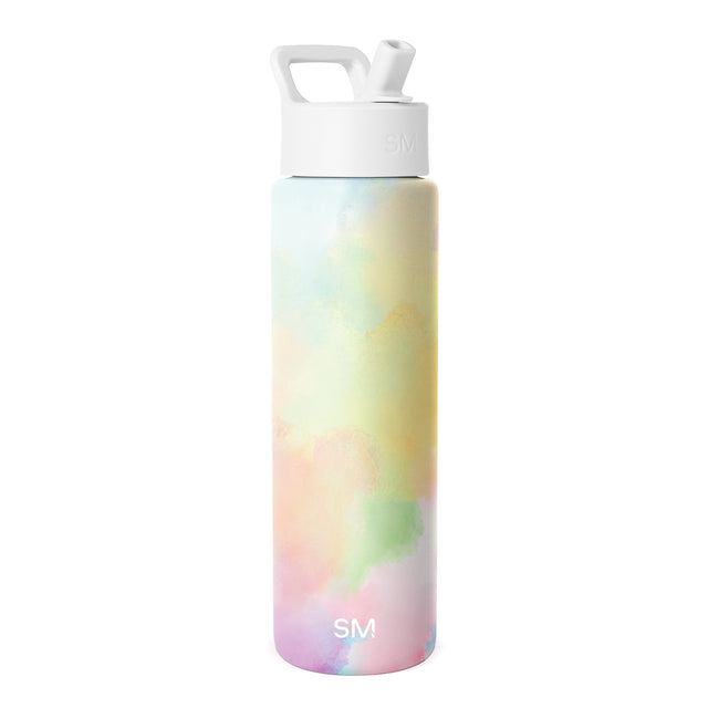 White screw-top water bottle with square carry handle featuring a soft watercolor gradient in pastels: light blue, cream, peach, sage green, lavender, and dusty pink. SM logo on front. 30 oz capacity. White screw-top water bottle with square carry handle featuring a soft watercolor gradient in pastels: light blue, cream, peach, sage green, lavender, and dusty pink. SM logo on front. 30 oz capacity.