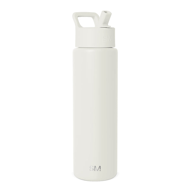 Simple Modern 30-ounce water bottle with white exterior, wide padded carry handle, and flip-top lid displayed against a white background. Simple Modern 30-ounce water bottle with white exterior, wide padded carry handle, and flip-top lid displayed against a white background.