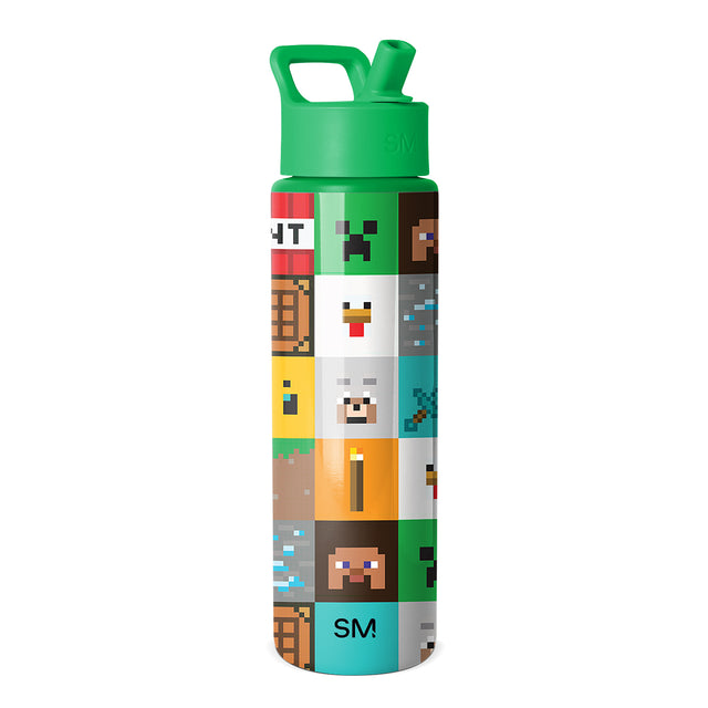 Green Minecraft-themed water bottle with colorful pixel-art designs including creeper faces, Steve characters, and game blocks stacked vertically on the cylindrical body, featuring a green flip-spout lid and carry handle. Green Minecraft-themed water bottle with colorful pixel-art designs including creeper faces, Steve characters, and game blocks stacked vertically on the cylindrical body, featuring a green flip-spout lid and carry handle.