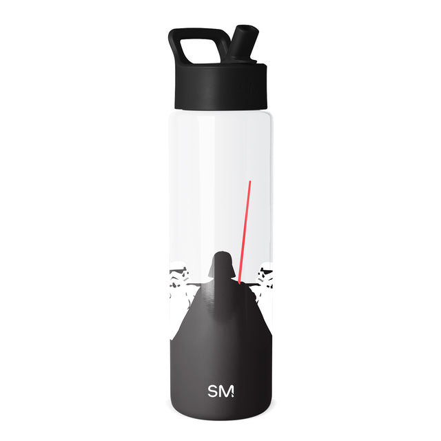 Simple Modern water bottle with white upper body and black lower section, featuring Star Wars graphics of Darth Vader with red lightsaber and stormtroopers, black screw-on cap with flip straw and carry handle. Simple Modern water bottle with white upper body and black lower section, featuring Star Wars graphics of Darth Vader with red lightsaber and stormtroopers, black screw-on cap with flip straw and carry handle.
