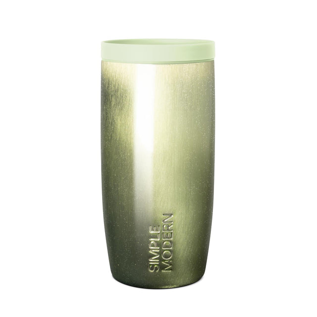 Sage to charcoal ombre insulated tumbler with white vertical stripe and sparkle finish, Simple Modern branding on lower left, against white background. Sage to charcoal ombre insulated tumbler with white vertical stripe and sparkle finish, Simple Modern branding on lower left, against white background.