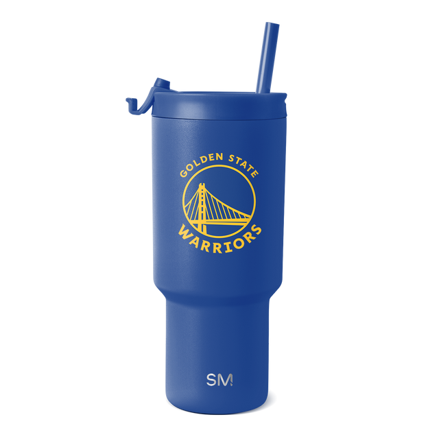 Royal blue tumbler with golden yellow logo and accents on white background Royal blue tumbler with golden yellow logo and accents on white background