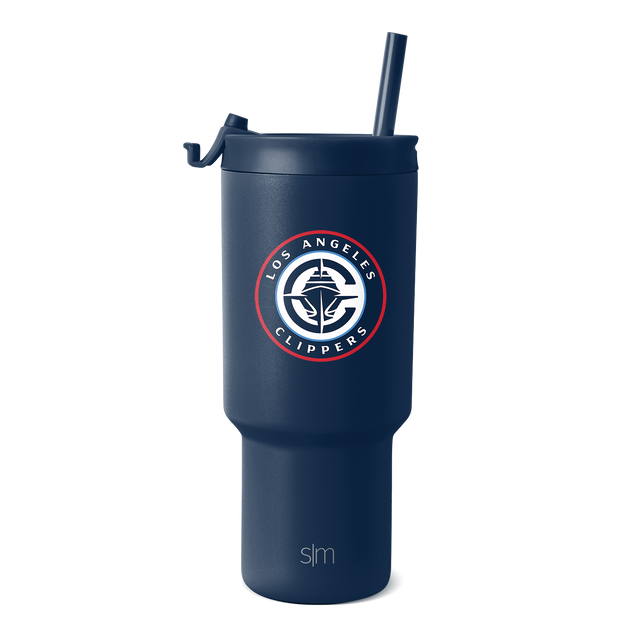 Deep navy blue tumbler with red and white circular logo branding Deep navy blue tumbler with red and white circular logo branding