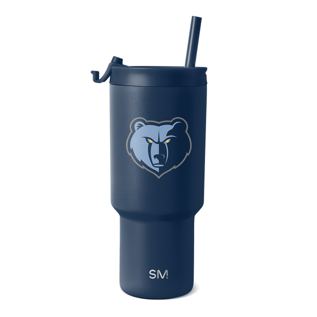 Deep navy blue tumbler with light blue, gray, and gold accent details Deep navy blue tumbler with light blue, gray, and gold accent details
