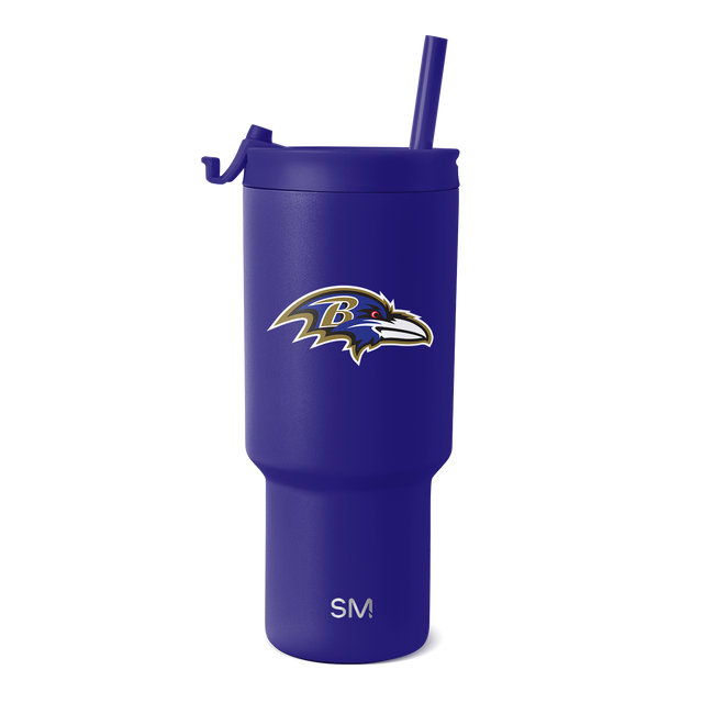 Purple insulated tumbler with large team logo featuring stylized raven head in purple, gold, and white Purple insulated tumbler with large team logo featuring stylized raven head in purple, gold, and white