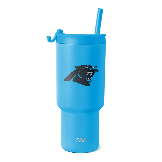 Bright sky blue tumbler with Carolina Panthers logo in dark colors, featuring a vibrant and energetic design Bright sky blue tumbler with Carolina Panthers logo in dark colors, featuring a vibrant and energetic design