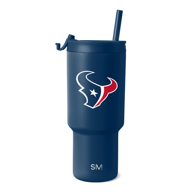Deep navy blue tumbler with white logo and text branding, red design accents Deep navy blue tumbler with white logo and text branding, red design accents