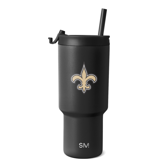 Matte black tumbler with gold and white logo design on white background Matte black tumbler with gold and white logo design on white background