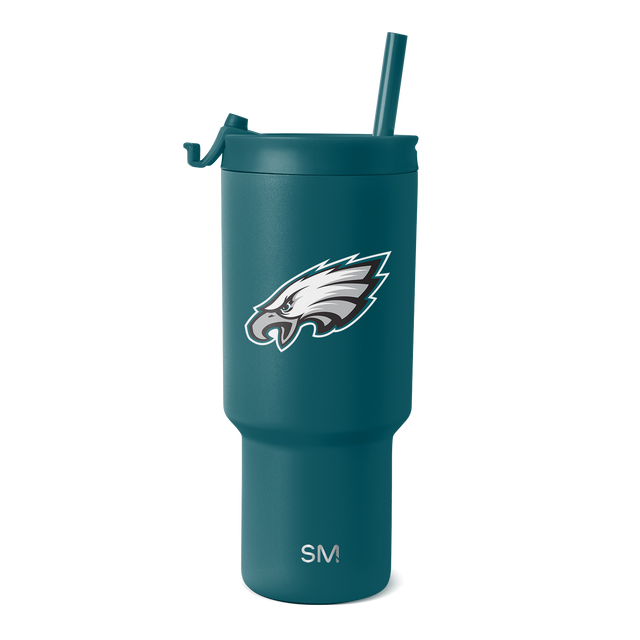 Teal blue-green insulated tumbler with white and gray team logo and branding accents, modern cylindrical design with handle Teal blue-green insulated tumbler with white and gray team logo and branding accents, modern cylindrical design with handle