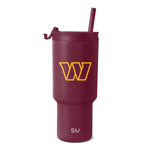 Deep burgundy insulated tumbler with golden yellow accents and white SM logo Deep burgundy insulated tumbler with golden yellow accents and white SM logo