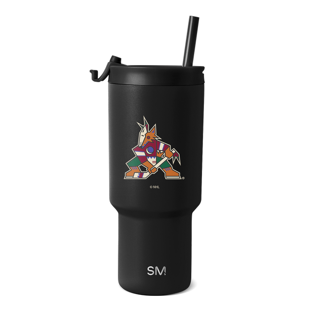 Matte black tumbler with NHL logo featuring vibrant orange, red, blue, purple, green, and white accents on the body and lid. Matte black tumbler with NHL logo featuring vibrant orange, red, blue, purple, green, and white accents on the body and lid.