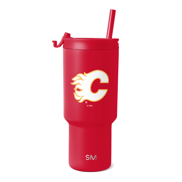 Red tumbler with white and golden-yellow logo accents on the front Red tumbler with white and golden-yellow logo accents on the front