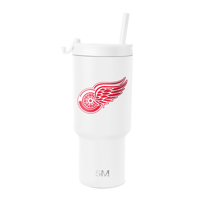 White tumbler with Detroit Red Wings logo featuring bright red design and white accents on light gray background. White tumbler with Detroit Red Wings logo featuring bright red design and white accents on light gray background.