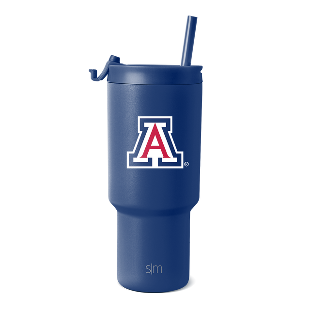 Navy blue tumbler with matching straw and University of Arizona logo in white and red accents Navy blue tumbler with matching straw and University of Arizona logo in white and red accents