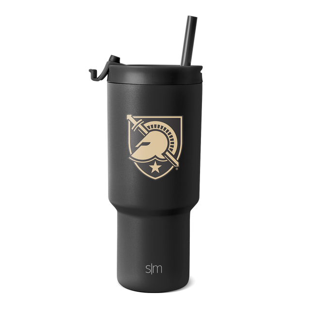 Matte black tumbler with gold logo and text accents Matte black tumbler with gold logo and text accents