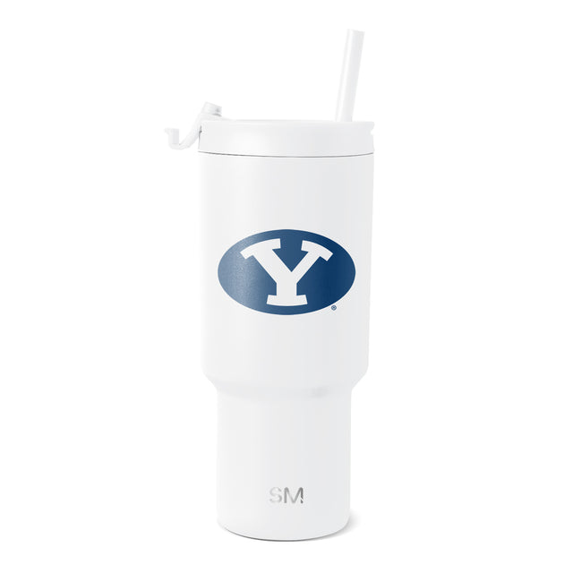 White insulated tumbler with lid and straw, cylindrical design with tapered base on white background White insulated tumbler with lid and straw, cylindrical design with tapered base on white background