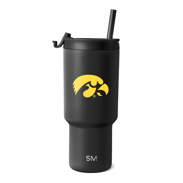 Matte black tumbler with bright yellow accent stripe on white background Matte black tumbler with bright yellow accent stripe on white background