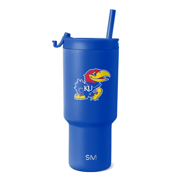 Royal blue insulated tumbler with University of Kansas Jayhawk mascot logo featuring red and yellow accents on the bird's head and beak. Royal blue insulated tumbler with University of Kansas Jayhawk mascot logo featuring red and yellow accents on the bird's head and beak.