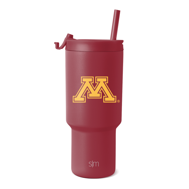 Deep maroon tumbler with matching lid and straw, featuring University of Minnesota logo Deep maroon tumbler with matching lid and straw, featuring University of Minnesota logo