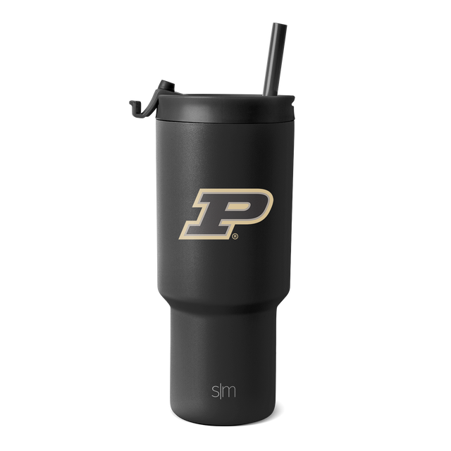 Black and charcoal gray tumbler with metallic gold logo accent, sleek modern design Black and charcoal gray tumbler with metallic gold logo accent, sleek modern design