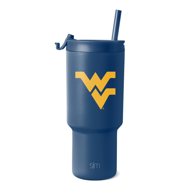 Navy blue insulated tumbler with tapered cylindrical body on white background Navy blue insulated tumbler with tapered cylindrical body on white background