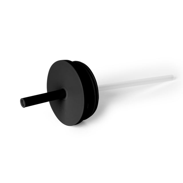 Matte black tracker lid with white translucent straw, simple modern design against white background Matte black tracker lid with white translucent straw, simple modern design against white background