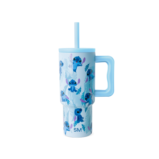 Light periwinkle blue tumbler with sky blue handle, straw, and lid accents, featuring deep cobalt blue characters Light periwinkle blue tumbler with sky blue handle, straw, and lid accents, featuring deep cobalt blue characters