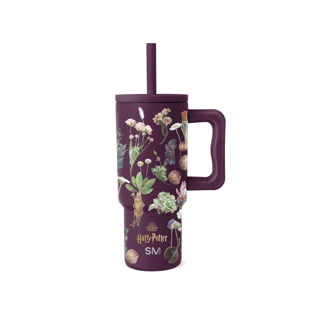 Deep burgundy tumbler with soft botanical illustrations in natural colors Deep burgundy tumbler with soft botanical illustrations in natural colors