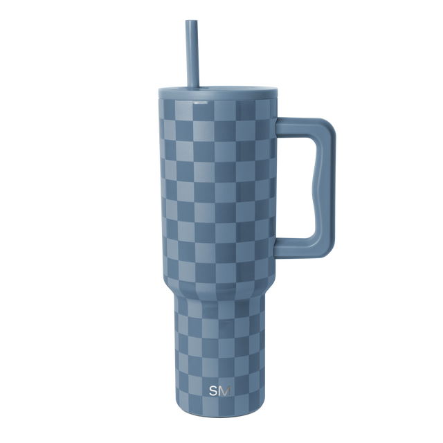 Simple Modern insulated tumbler with blue-gray and light blue checkerboard pattern on white background Simple Modern insulated tumbler with blue-gray and light blue checkerboard pattern on white background