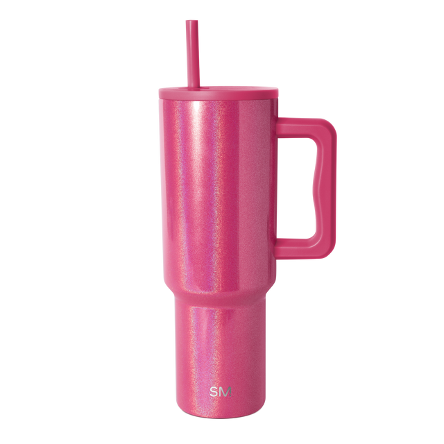 Hot pink tumbler with iridescent glitter finish and shimmering silver holographic highlights Hot pink tumbler with iridescent glitter finish and shimmering silver holographic highlights
