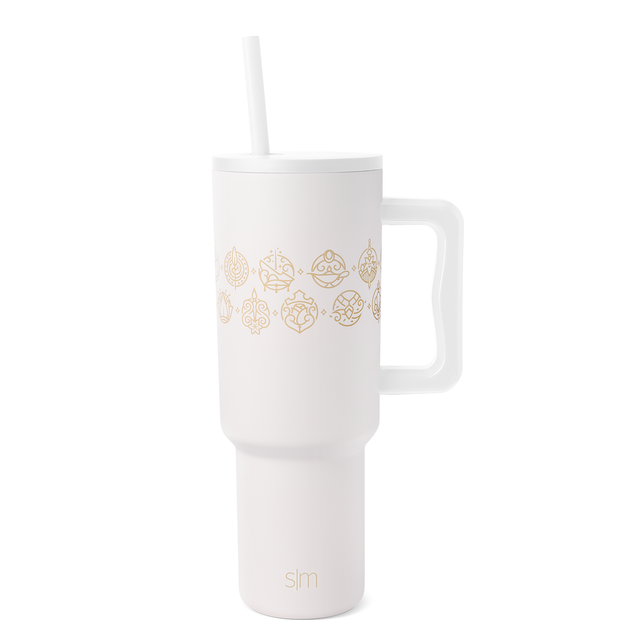 White tumbler with soft champagne rose gold metallic ornamental decorative designs White tumbler with soft champagne rose gold metallic ornamental decorative designs
