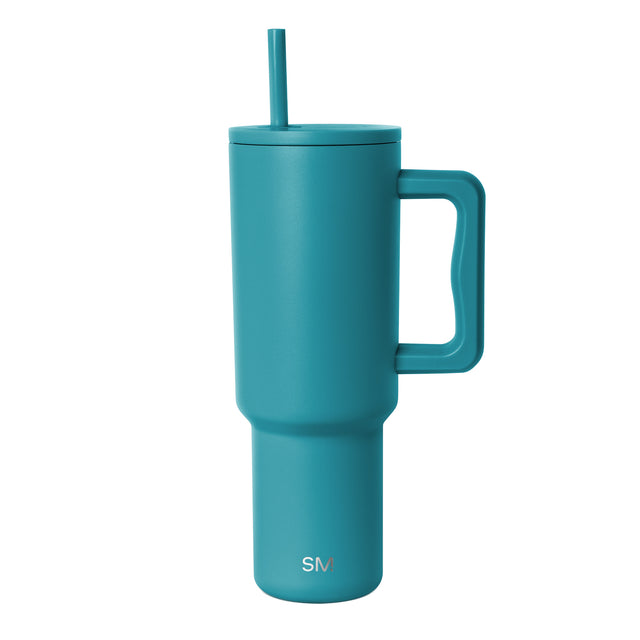 Teal turquoise drinkware with white branding text on clean white background Teal turquoise drinkware with white branding text on clean white background