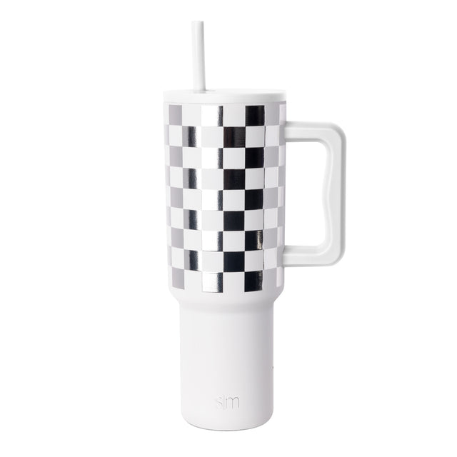 Black and white checkered tumbler with white base and handle Black and white checkered tumbler with white base and handle