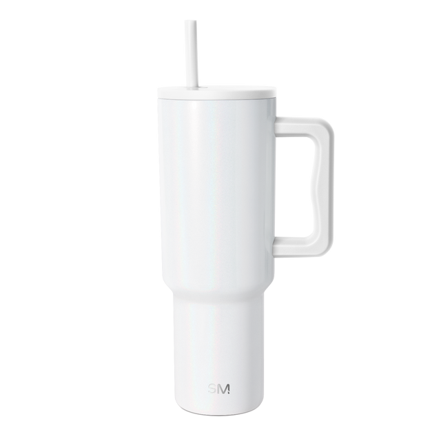 White cylindrical insulated tumbler with handle, featuring a clean contemporary design in a tall shape. White cylindrical insulated tumbler with handle, featuring a clean contemporary design in a tall shape.