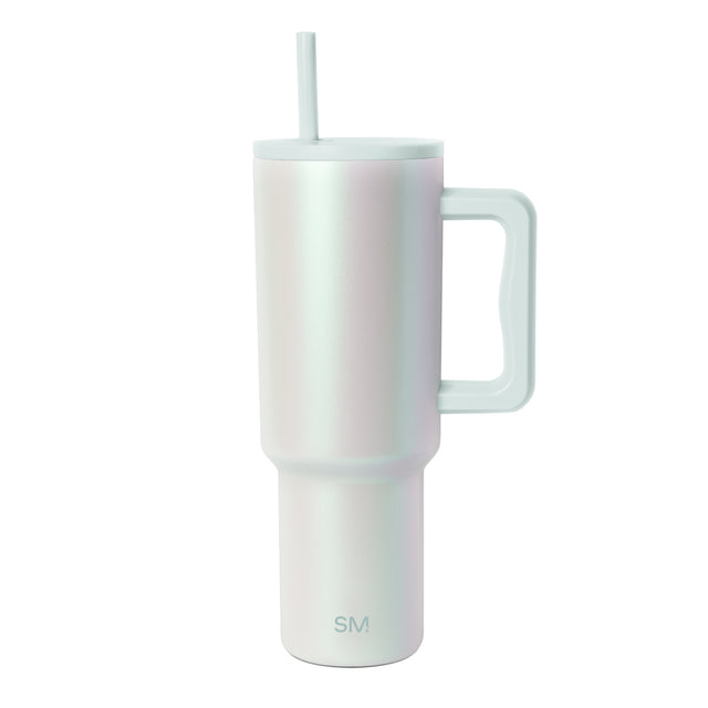 Tall insulated tumbler with handle and straw featuring gradient color finish transitioning from white and pale pink to deeper tones, displayed against white background. Tall insulated tumbler with handle and straw featuring gradient color finish transitioning from white and pale pink to deeper tones, displayed against white background.