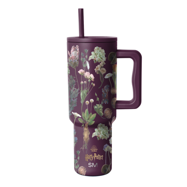 Purple tumbler with botanical illustration pattern featuring cream, pale pink, soft green, and muted gold accents Purple tumbler with botanical illustration pattern featuring cream, pale pink, soft green, and muted gold accents