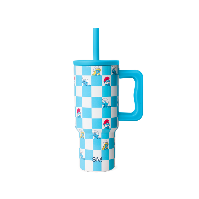 Turquoise blue and white checkerboard tumbler with matching turquoise handle, lid, and straw. Turquoise blue and white checkerboard tumbler with matching turquoise handle, lid, and straw.